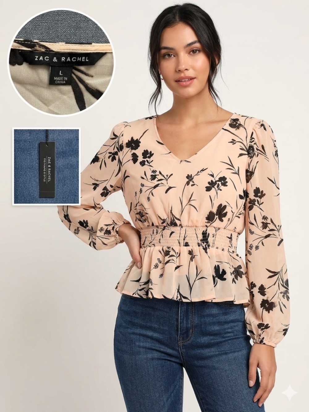 Zac & Rachel NWT Floral Peplum Blouse Pale Blush Black Size Large V-Neck